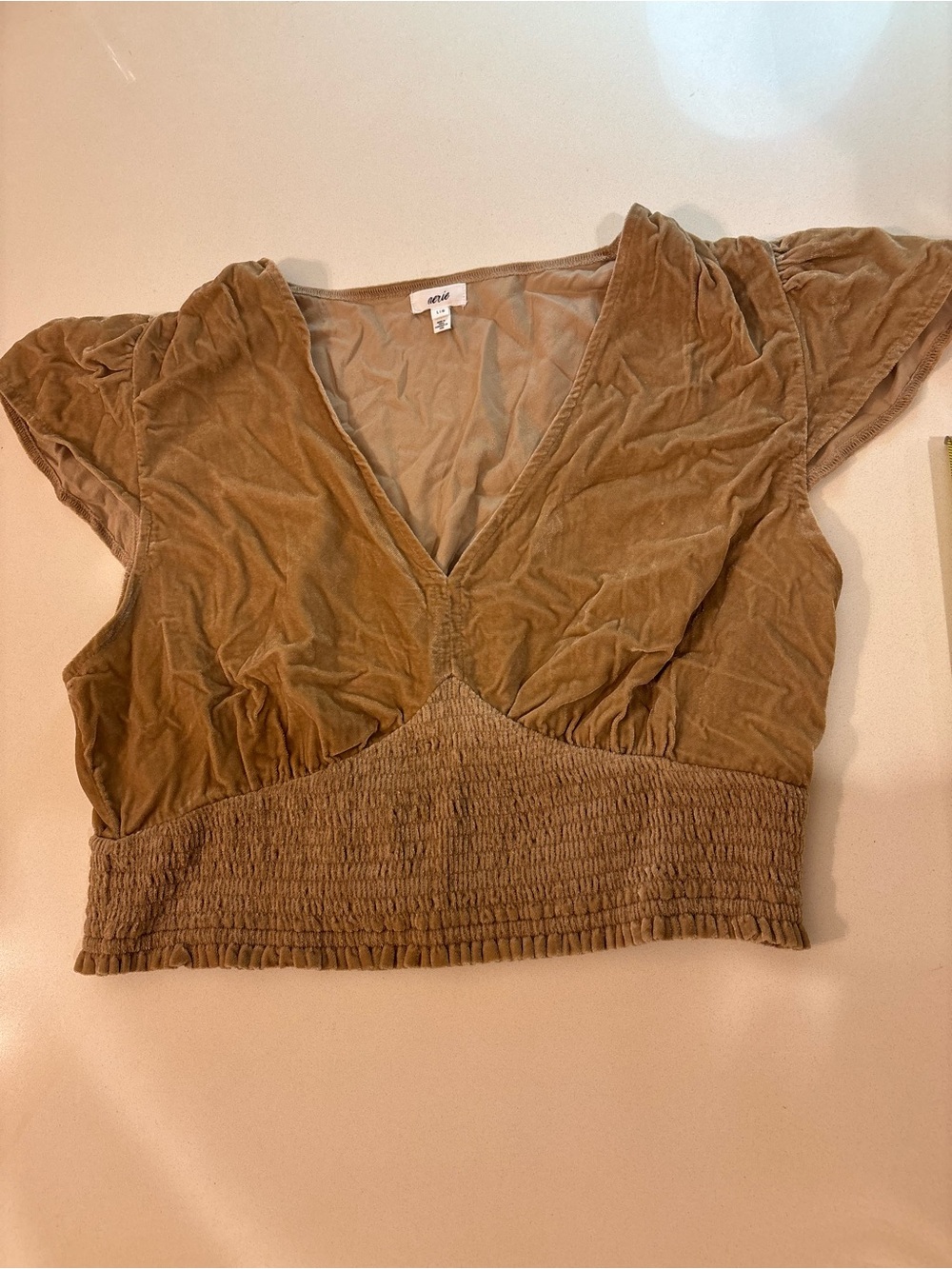 Aerie Brown Velvet Smocked V-Neck Crop Top